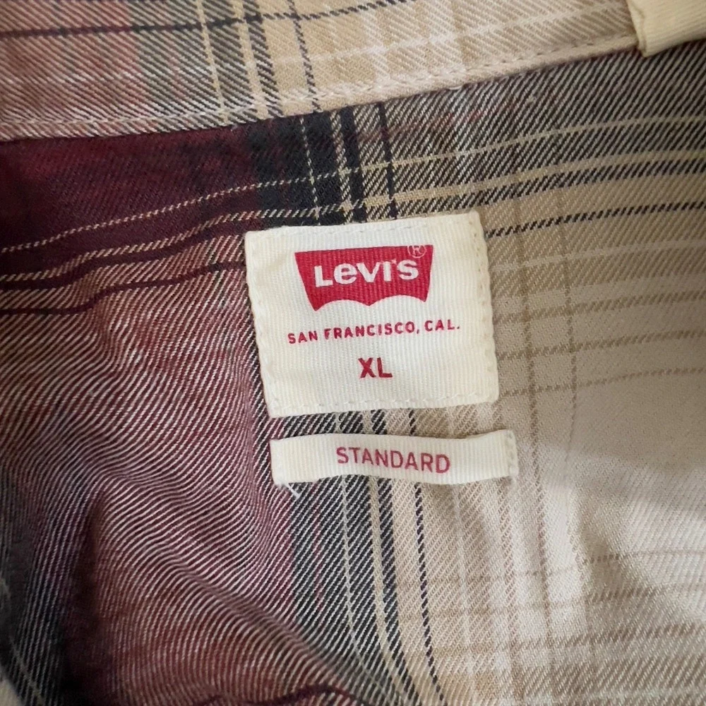 Levi's Men's Plaid Western Snap Button‎ Long Sleeve Shirt XL Burgundy Tan